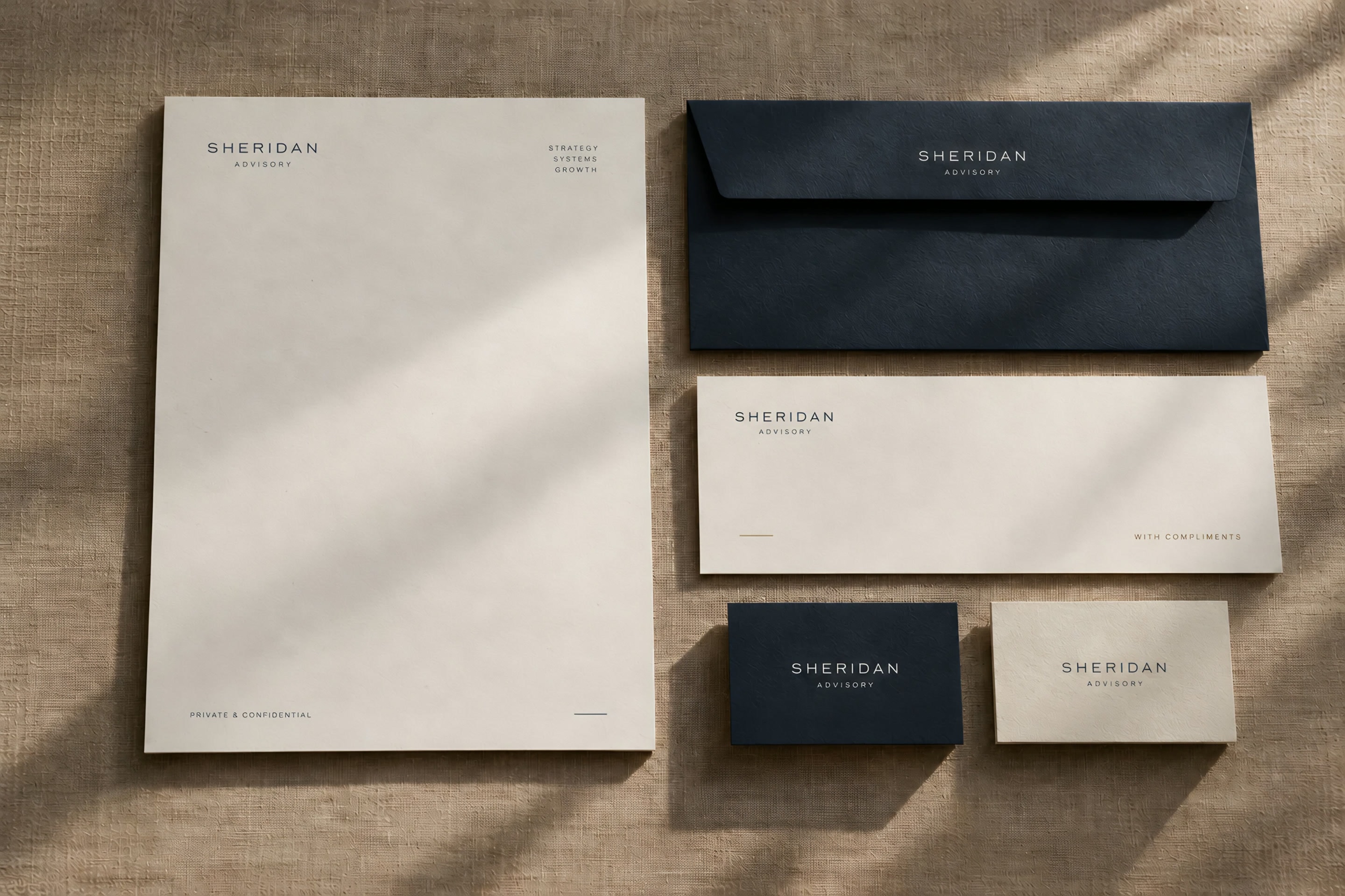 Sheridan Advisory letterhead, envelope, compliment slip and business cards on linen in afternoon light