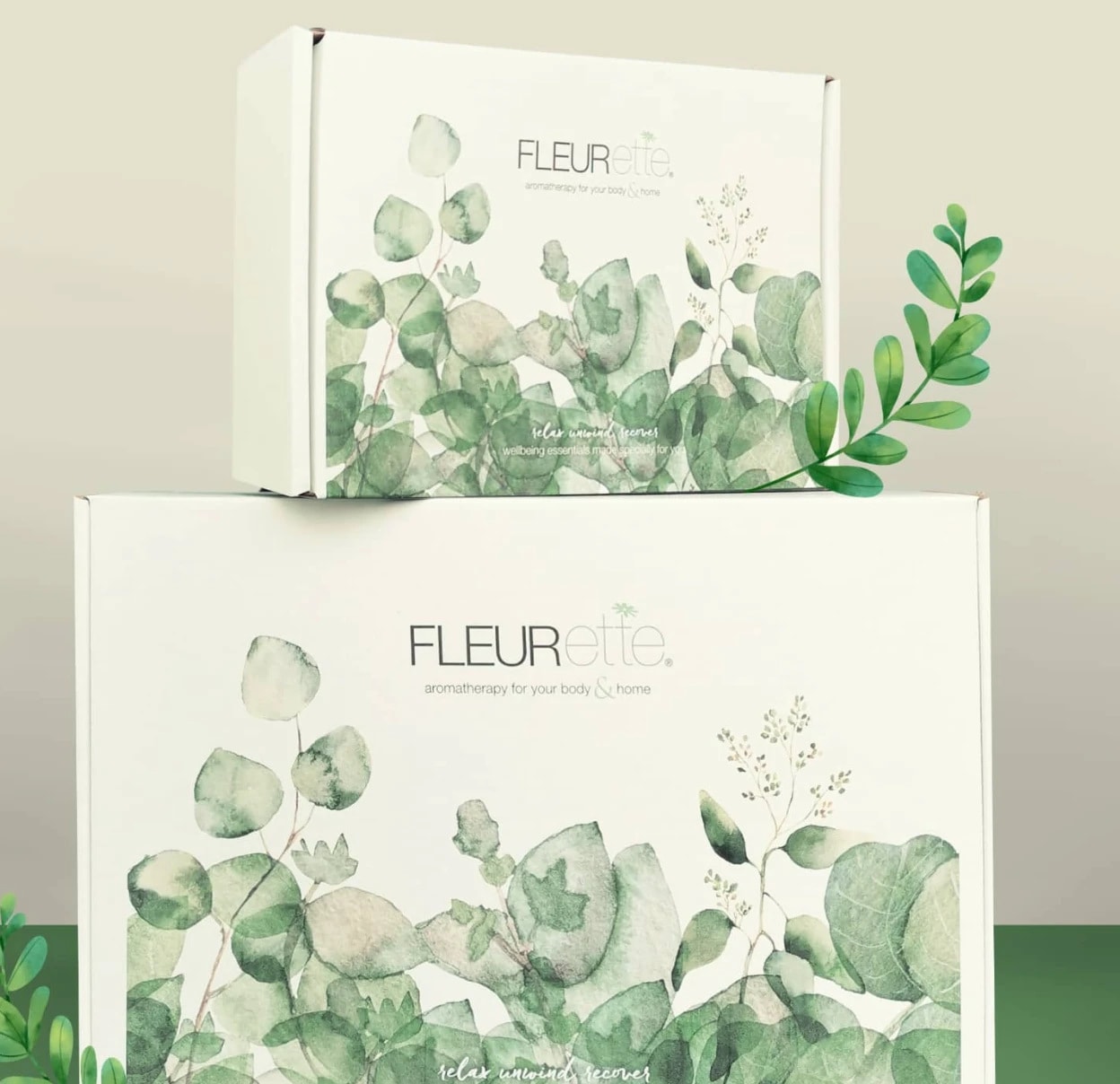 Two printed mailer boxes with a eucalyptus design