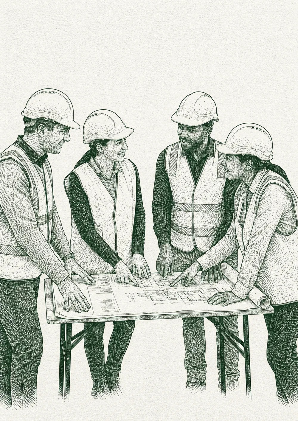 SiteSherpa illustration: a construction crew reviewing plans
