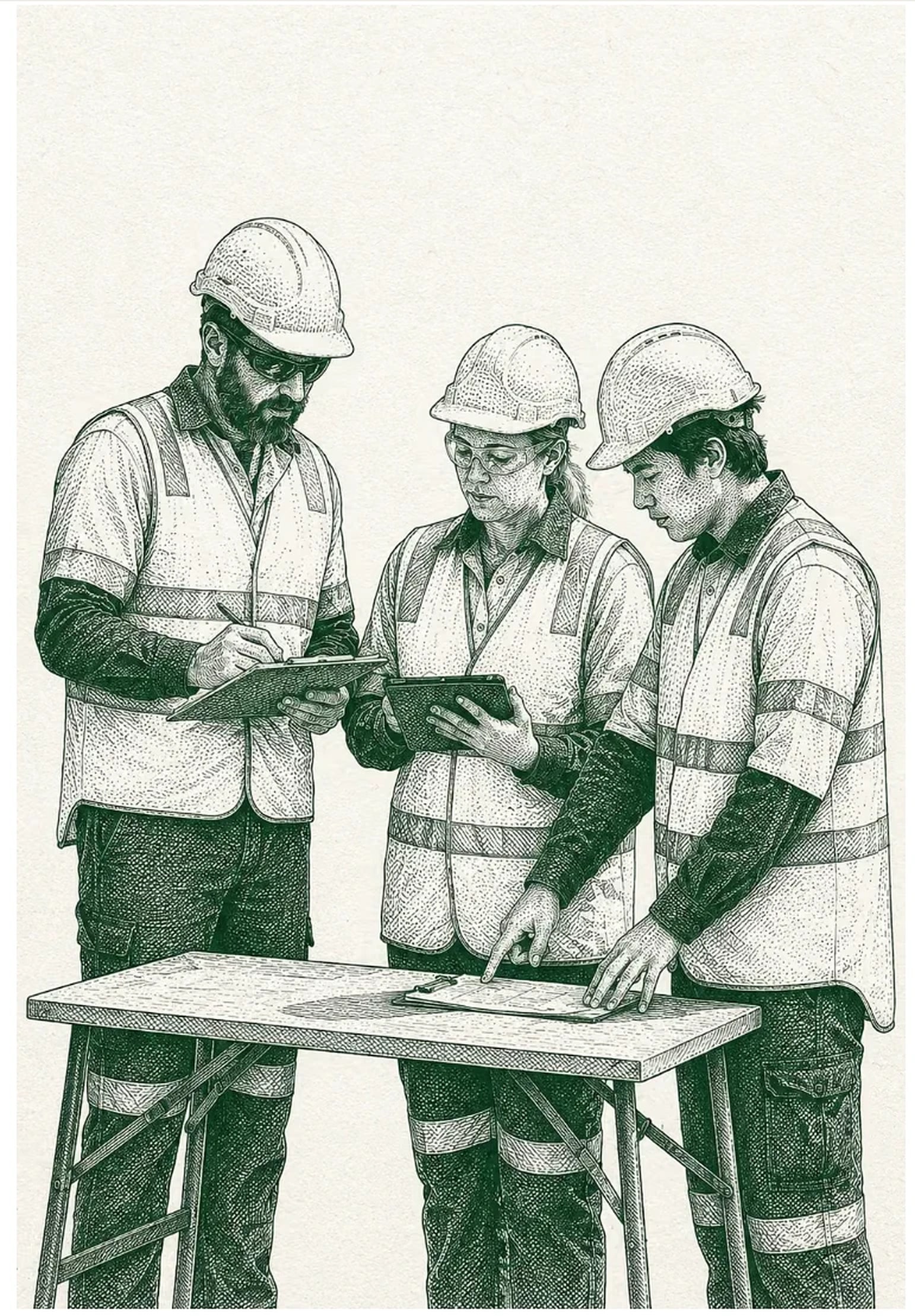 SiteSherpa illustration: three site workers checking a job on a tablet and clipboard