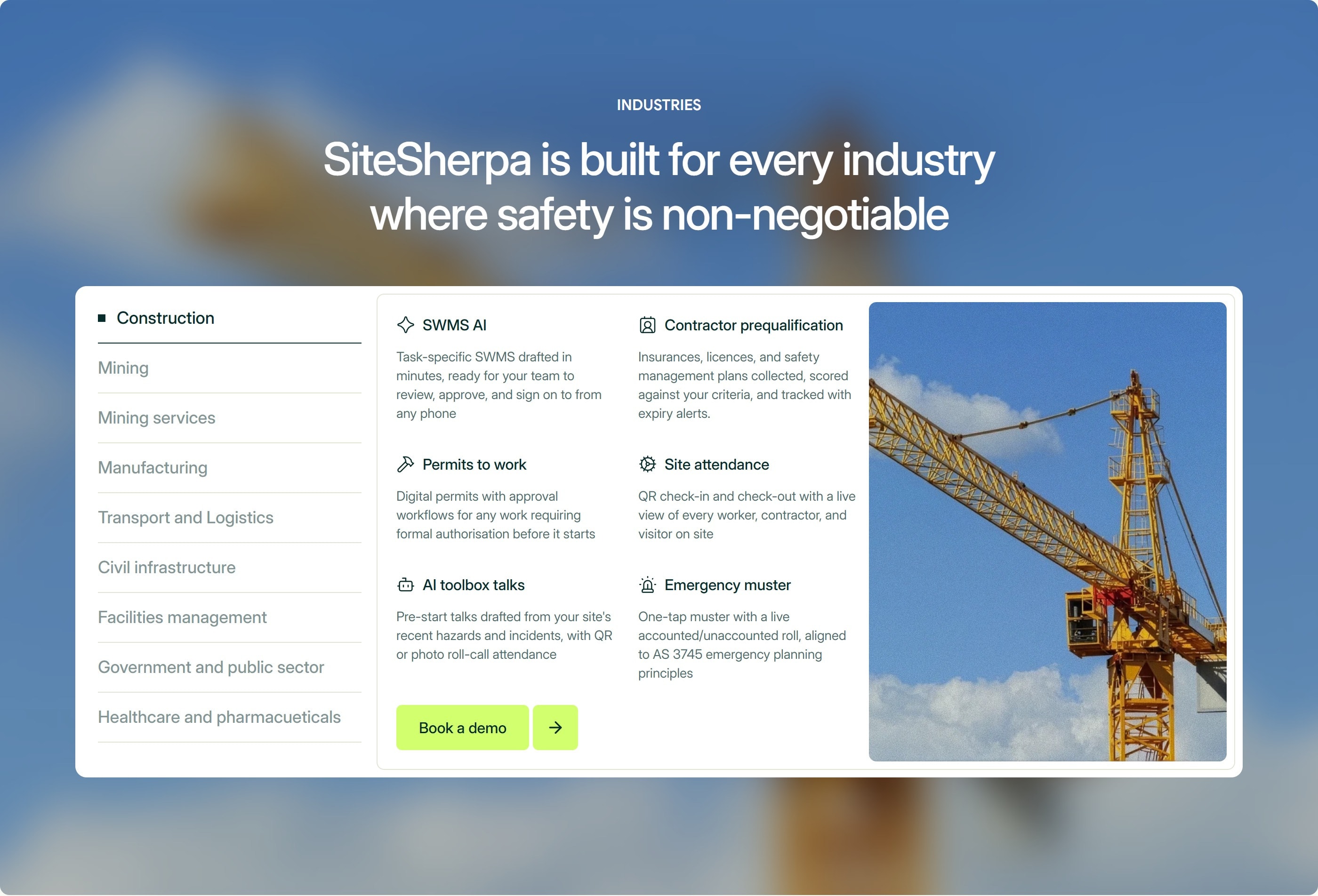 SiteSherpa’s industries panel: construction, mining, manufacturing and more, beside a tower crane