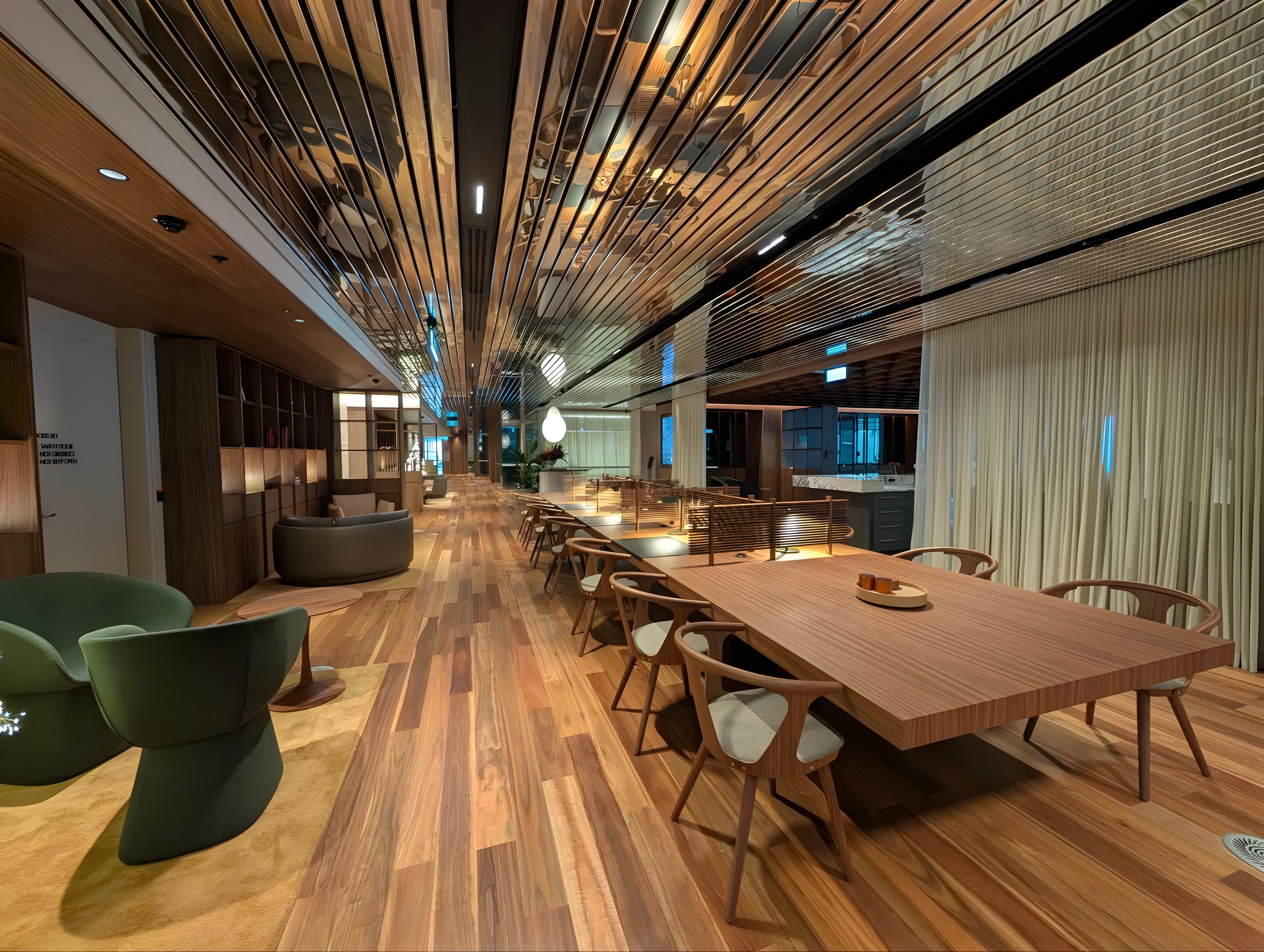 A timber-lined workspace with glazed partitions